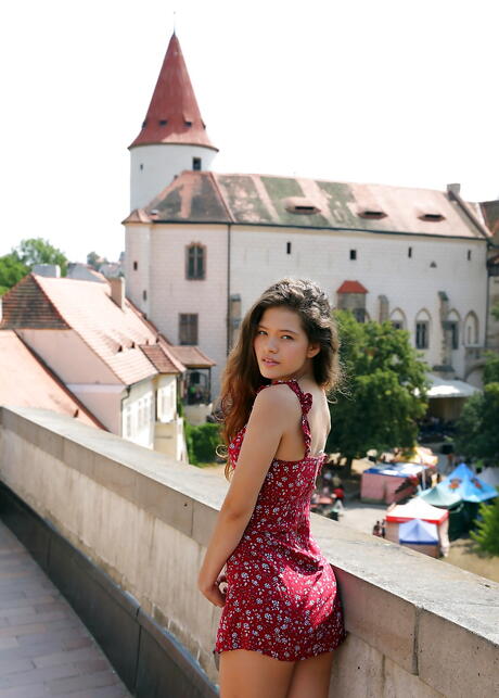 Excellent dark-haired young Irene Rouse in sexy underwear bares her ass and bald pussy outdoor